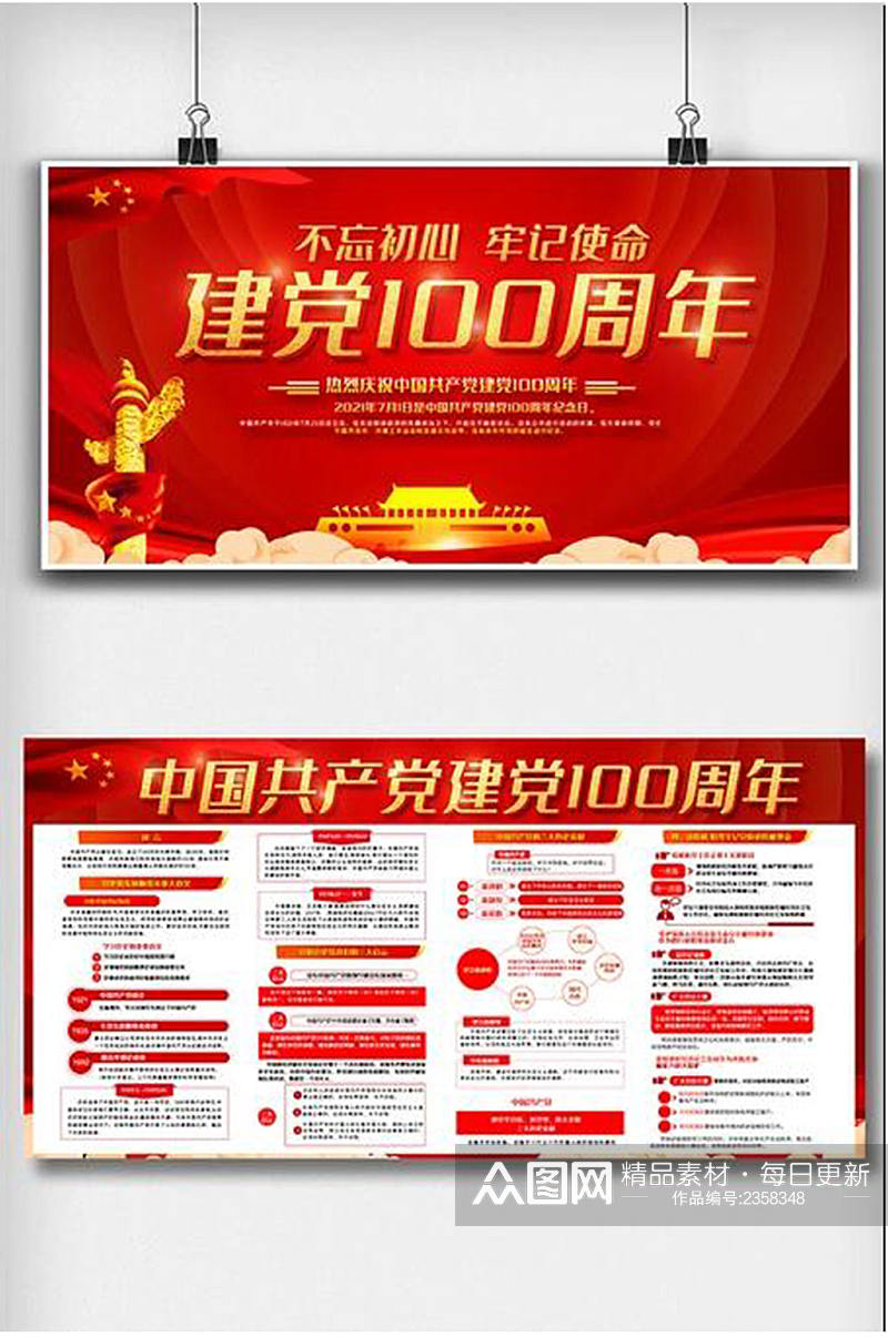 红色喜庆建党100周年内容展板设计素材