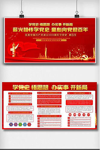 红色喜庆学党史内容宣传栏展板设计