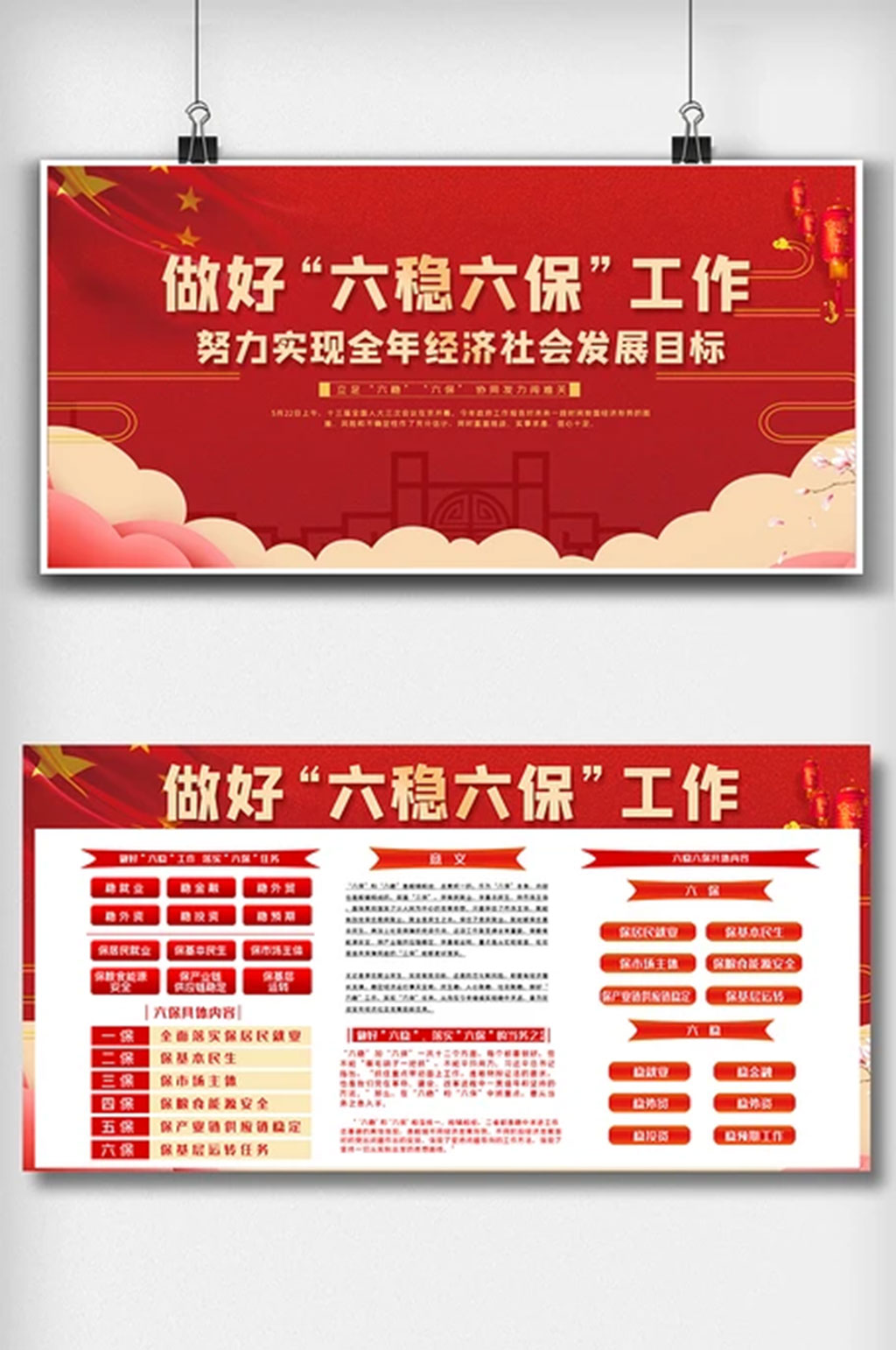 红色时尚大气六保六稳宣传知识展板素材