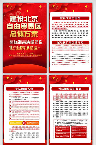 红色喜庆建设北京自由贸易区内容展板