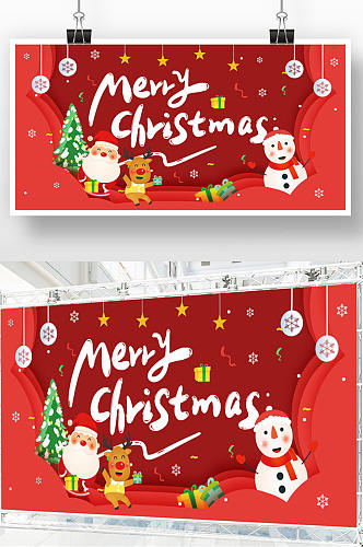 红色圣诞快乐宣传展板