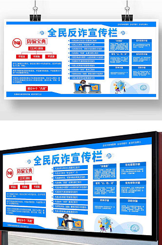 蓝色卡通全民反诈宣传展板
