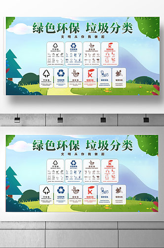 卡通绿色环保垃圾分类展板