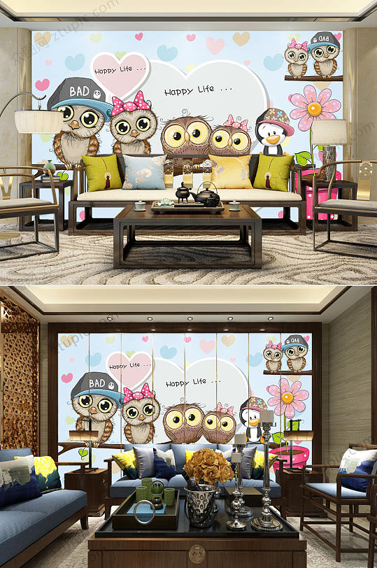 猫头鹰卡通背景墙-众图网