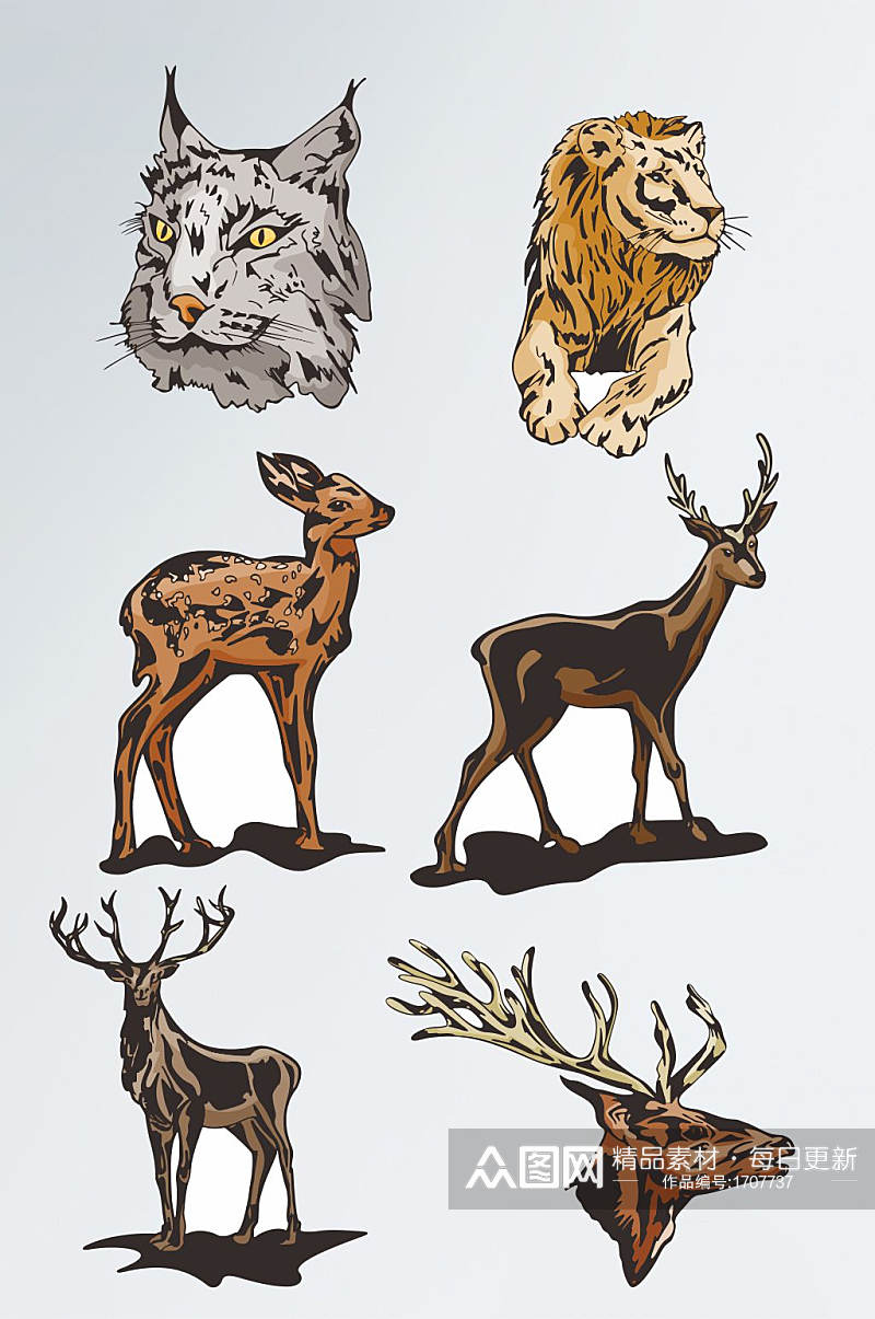狸猫狮子麋鹿草原动物矢量手绘元素素材