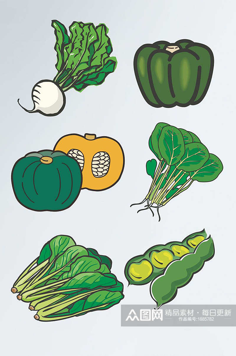 食物蔬菜绿叶菜萝卜青椒南瓜青菜豌豆矢量图素材