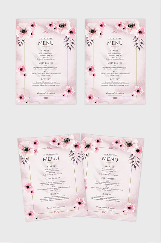 粉色时尚英文婚礼婚宴菜单