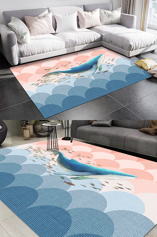 卡通蓝鲸鱼群质感地毯图案-众图网