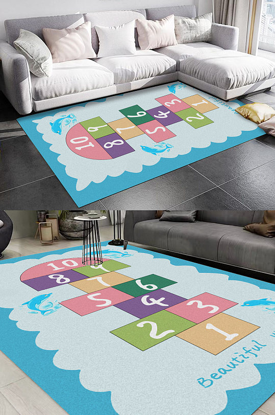 卡通蓝色海豚儿童地毯-众图网