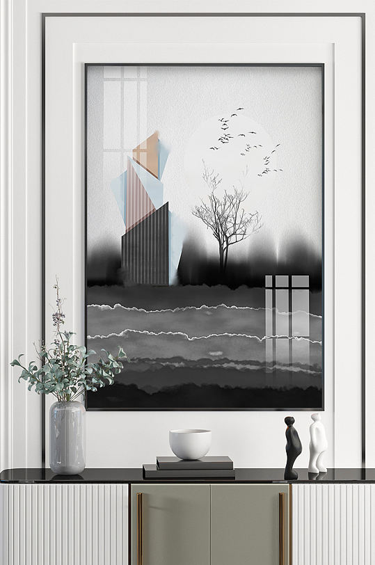 手绘抽象高级灰建筑装饰画