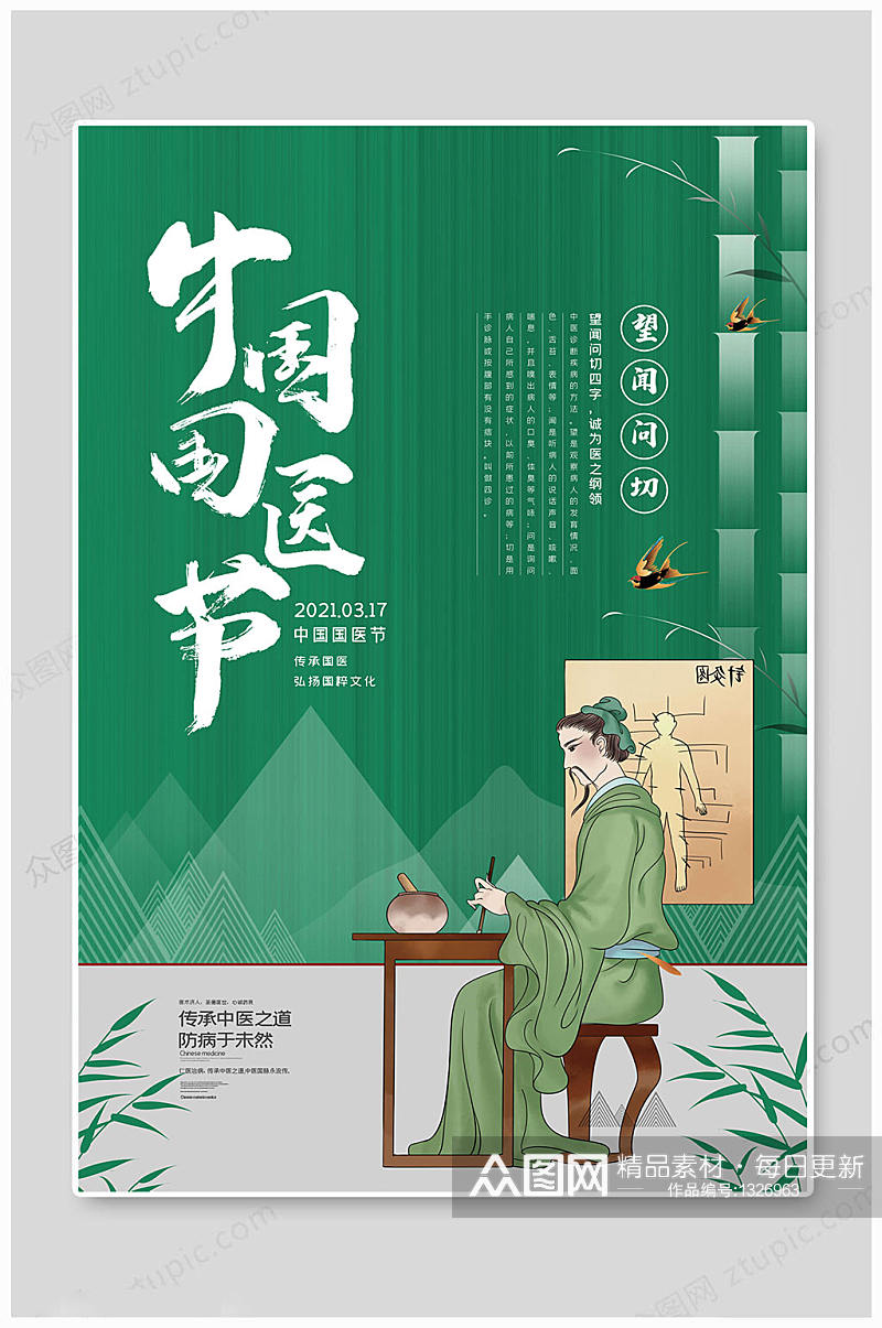 中国国医节绿色海报 展板素材