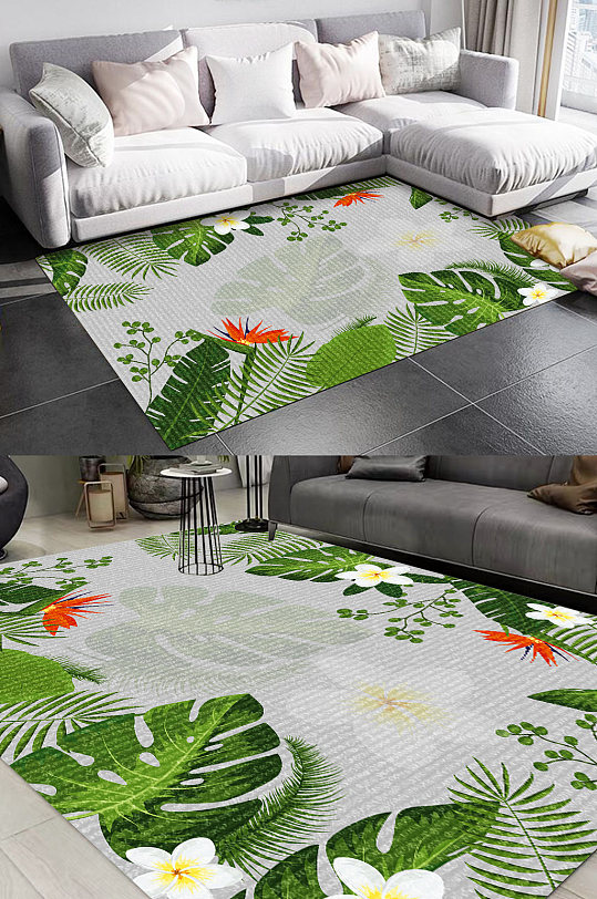 清新叶子龟背叶客厅地毯-众图网