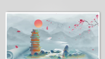 水墨风山水古建筑图景-众图网