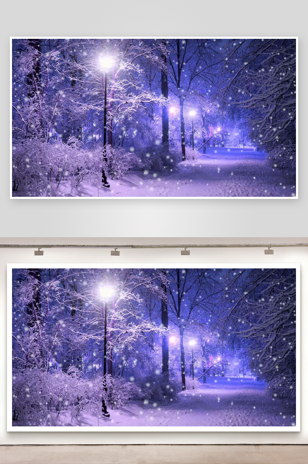 雪夜灯影下的静谧林间小径素材