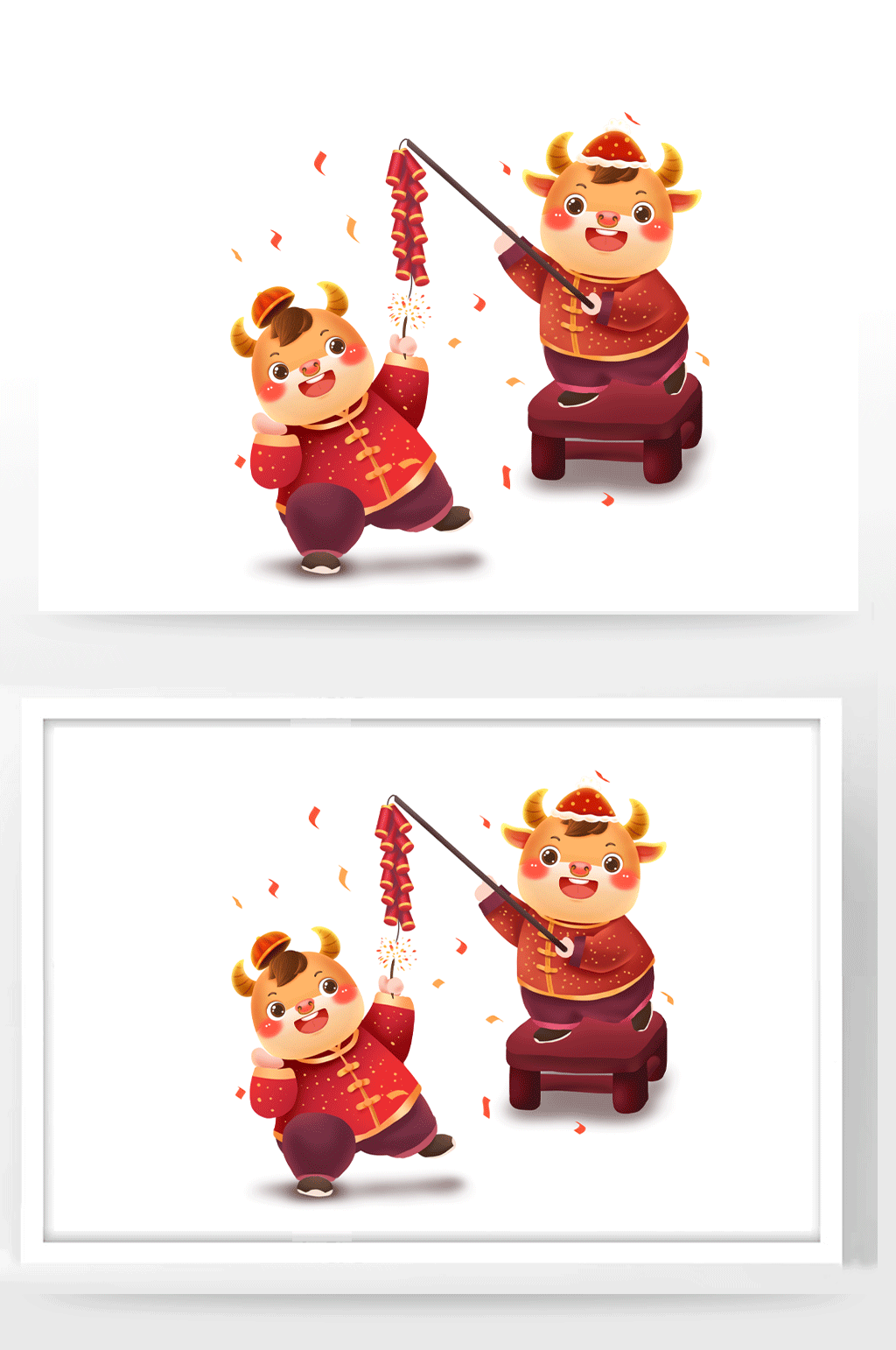 热闹牛年辛丑牛放鞭炮春节插画素材