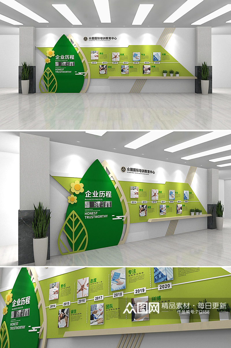 小清新绿色叶子公司企业发展历程文化墙形象墙素材
