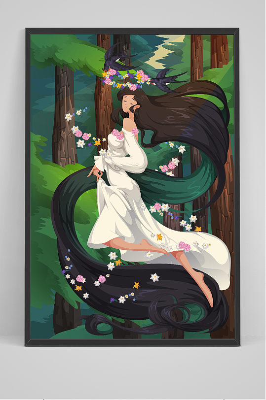 春天森系38妇女节女神春季元素插画