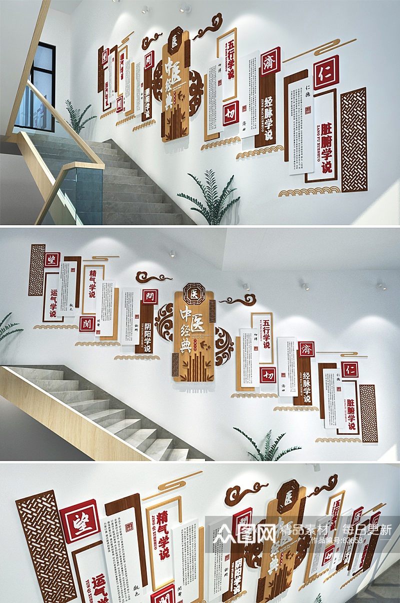 中医五行学说中医院诊所 走廊楼梯文化墙创意设计素材