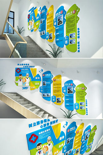 现代清廉医院医疗诊所 楼梯文化墙创意设计效果图