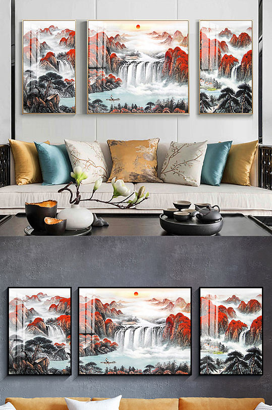 新中式大气山水三联画图片-新中式大气山水三联画素材-新中式大气山水