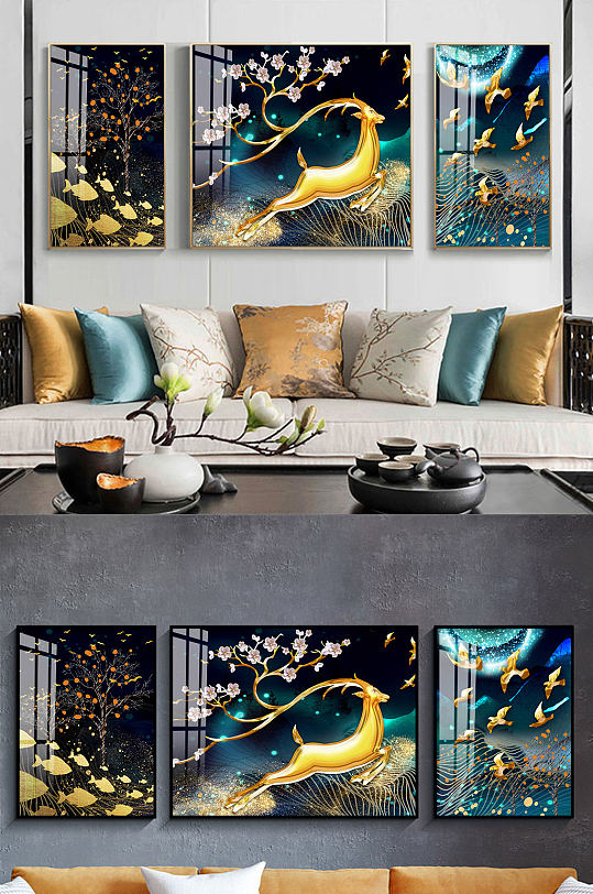 新中式金箔鱼群三联装饰画-众图网