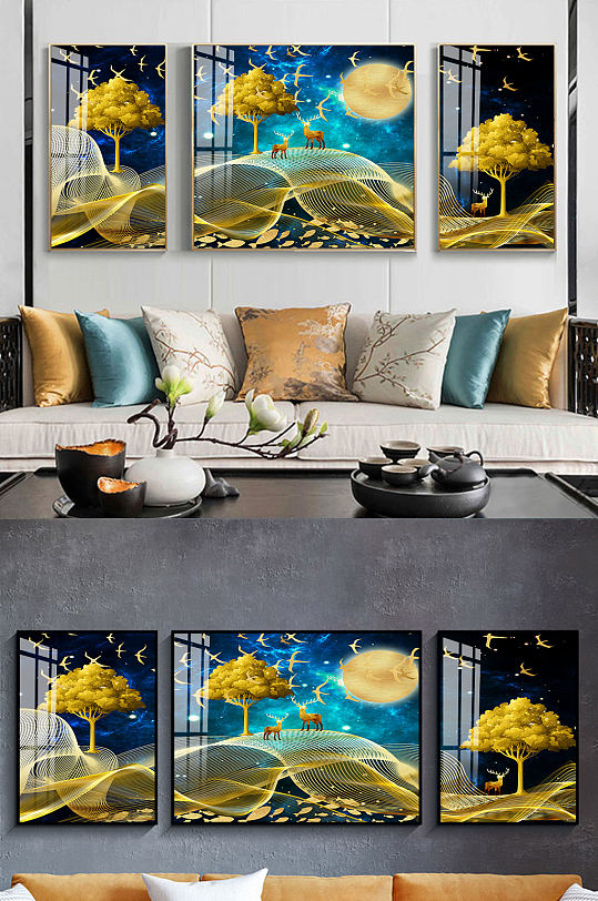 线条金箔三联装饰画-众图网