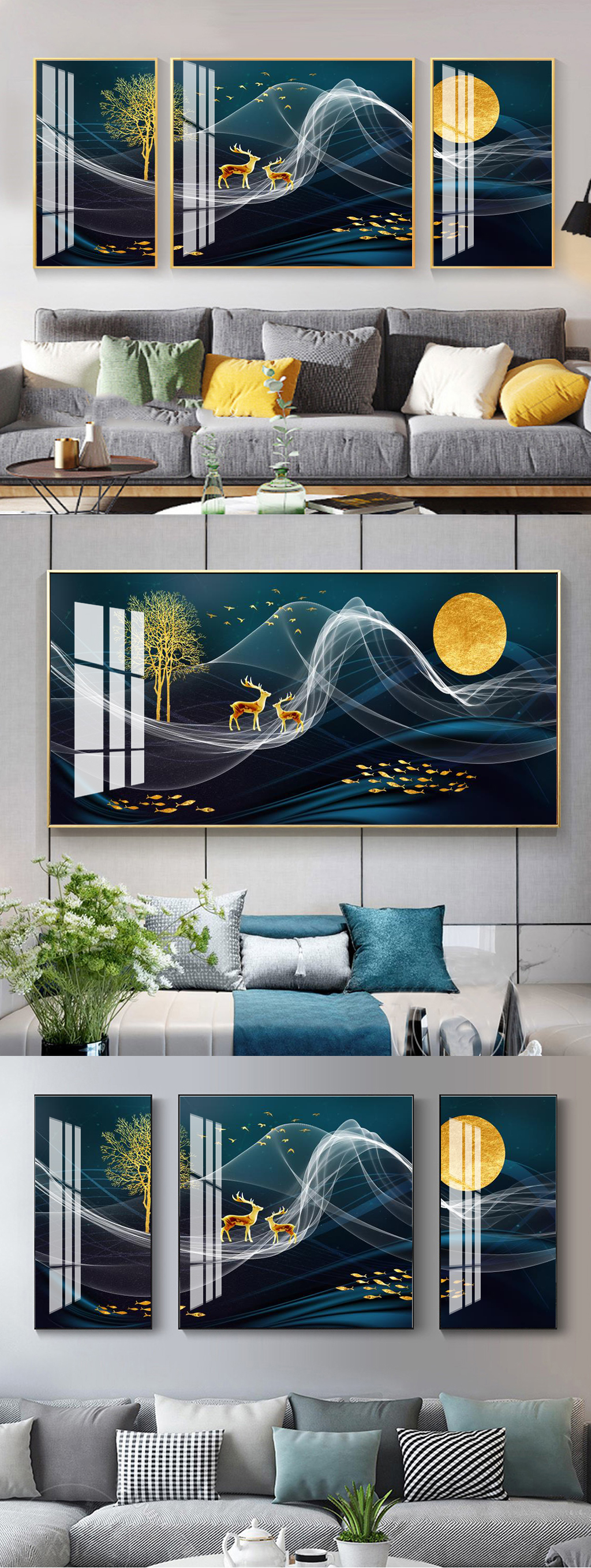 金色麋鹿鱼群月亮装饰画素材