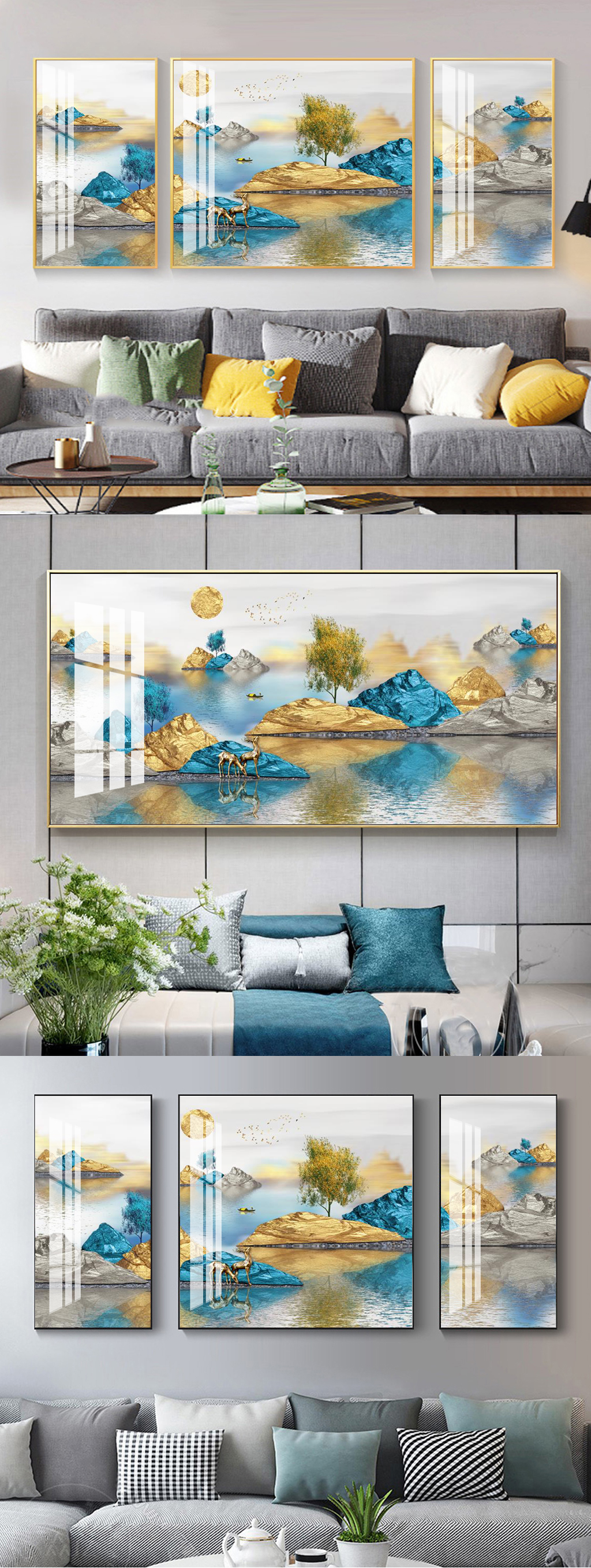金色金箔山水麋鹿装饰画素材