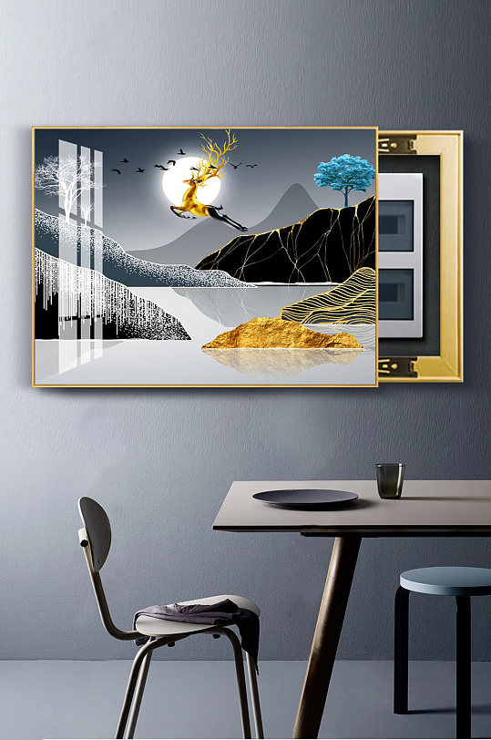 金箔山水麋鹿电表箱装饰画