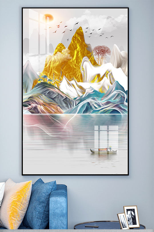 新中式金色山水玄关装饰画