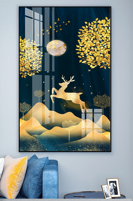 新中式玄关麋鹿金山装饰画