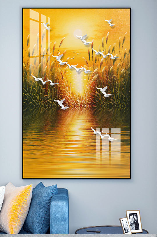 风景芦苇鸽子玄关装饰画