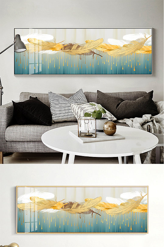 新中式金色羽毛床头装饰画-众图网