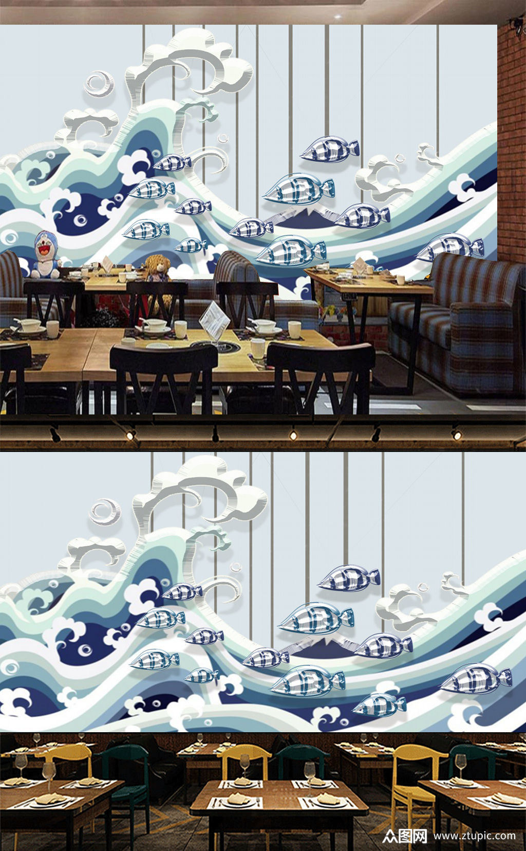 手绘卡通浪花海洋背景墙