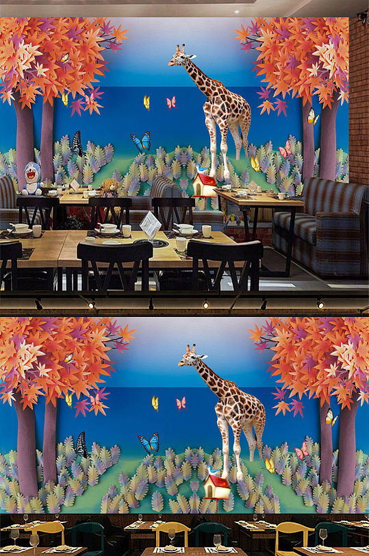 手绘卡通动物长颈鹿背景墙-众图网