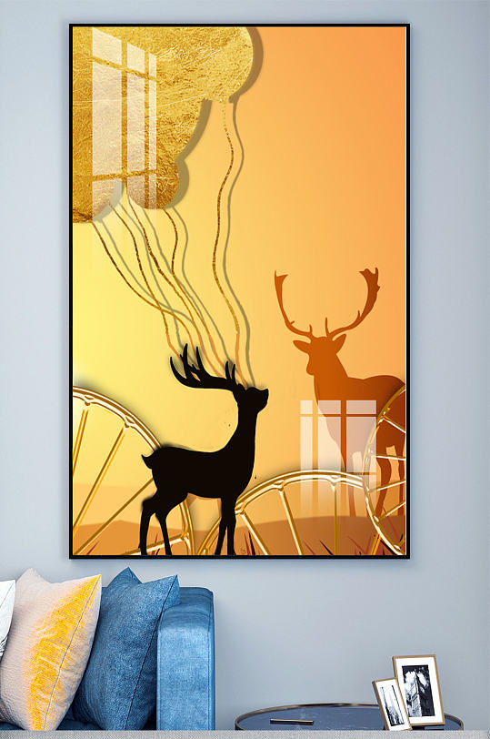 黄昏金箔剪影麋鹿装饰画