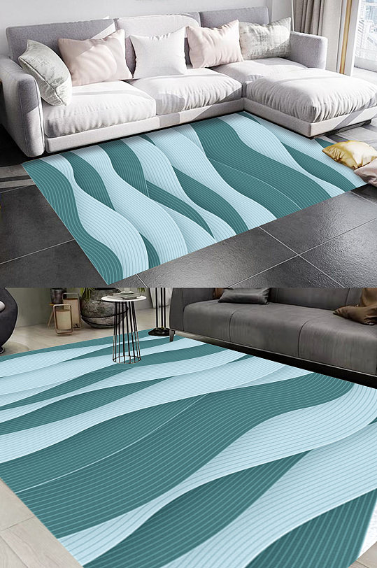 蓝色线条波浪风格地毯图案-众图网