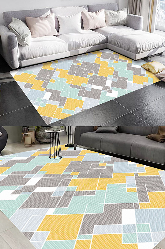 北欧几何色块风格地毯图案-众图网