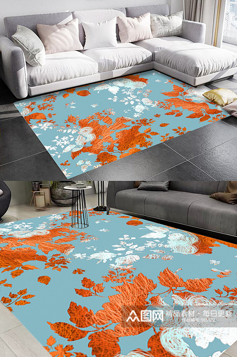 北欧植物枫叶风格地毯图案素材