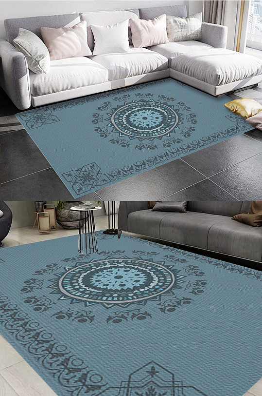 蓝色复古圆形风格地毯图案-众图网