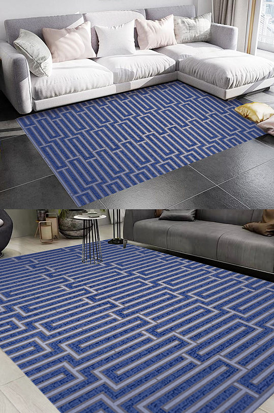 蓝色几何花纹风格地毯图案-众图网
