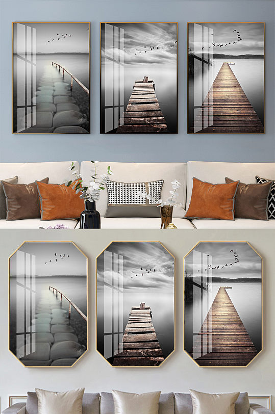 新中式度灰黑白三联装饰画-众图网