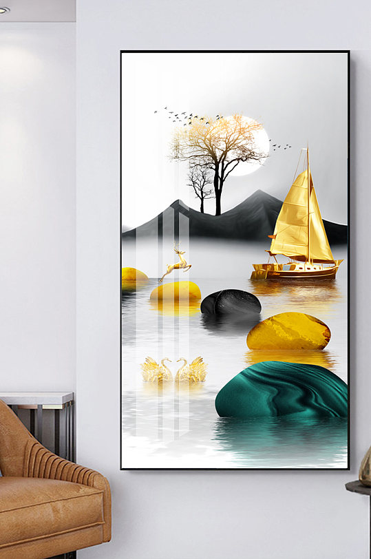 新中式麋鹿帆船玄关装饰画