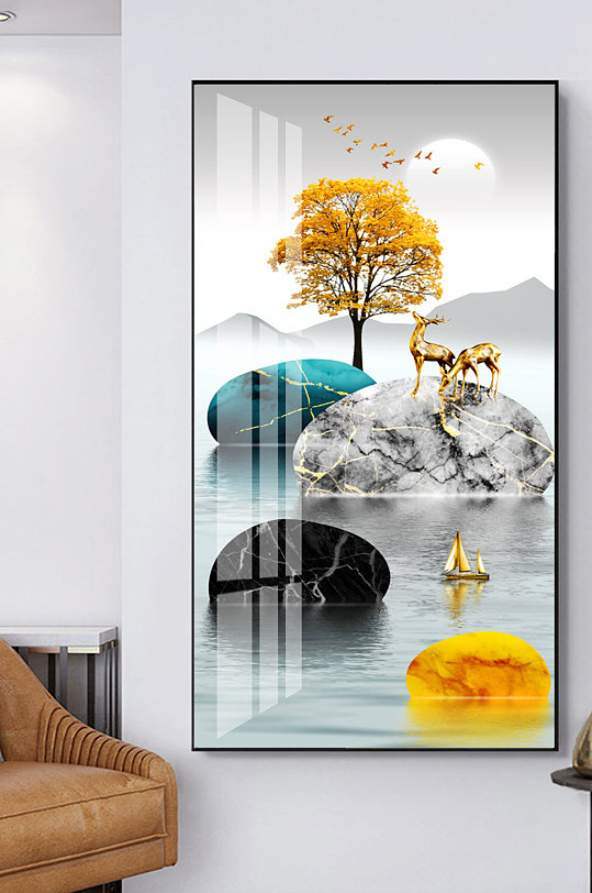 新中式金色麋鹿玄关装饰画-众图网