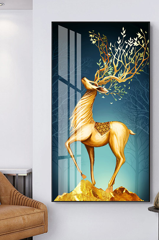 新中式立体麋鹿玄关装饰画-众图网