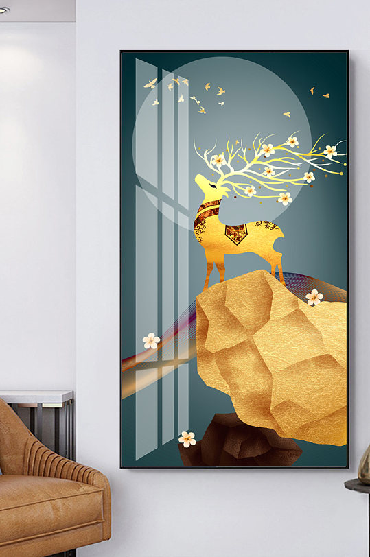 新中式金色麋鹿玄关装饰画