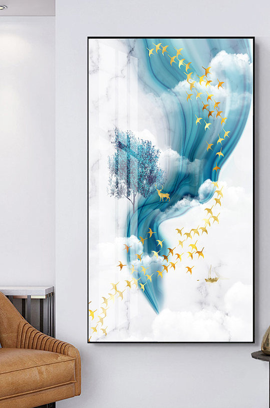 新中式金色飞鸟玄关装饰画-众图网