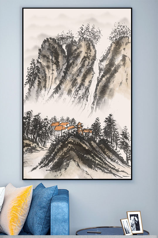 新中式水墨泼墨中国风山水瀑布玄关装饰画