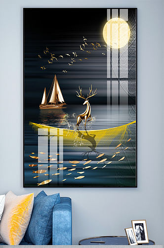 新中式轻奢帆船麋鹿鱼群月亮晶瓷玄关装饰画