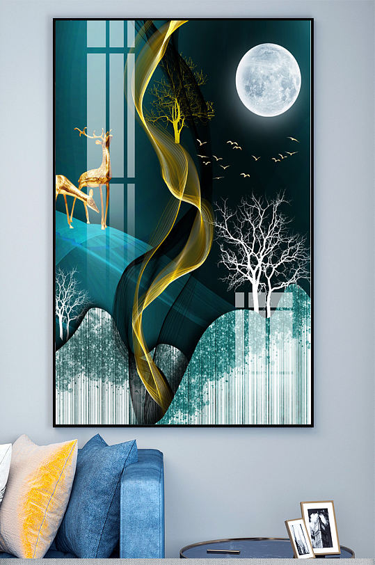 新中式轻奢线条麋鹿月亮树枝晶瓷玄关装饰画